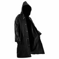 Black hooded raincoat side view, long loose sleeves with snap-button front