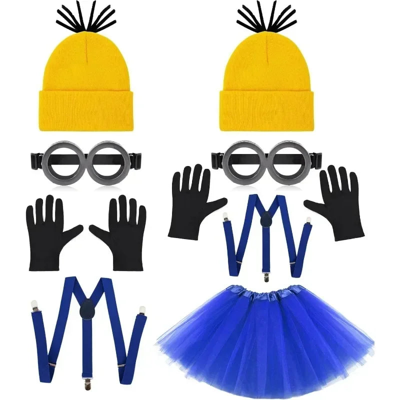 Halloween accessory set: yellow beanie, goggles, black gloves, blue suspenders, blue tutu