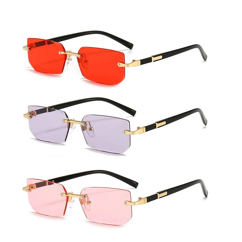 Three rimless square sunglasses set: red, purple, and pink lenses with black arms and gold parts.
