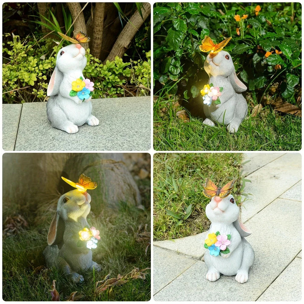 Rabbit statue with butterfly LED light and flower bouquet, shown from multiple angles