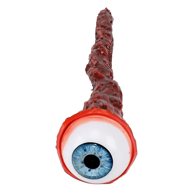 Halloween prank toy tongue with red textured stem and large blue eye
