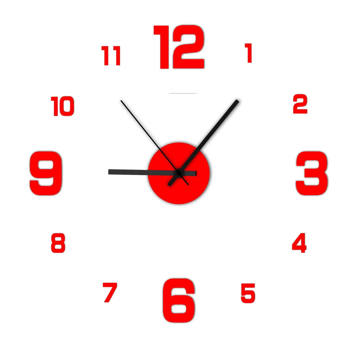 Frameless wall clock decal with red numbers and red circular face with black hands