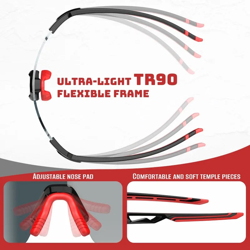 Ultra-light TR90 cycling goggles with black frame, red accents, and flexible temples