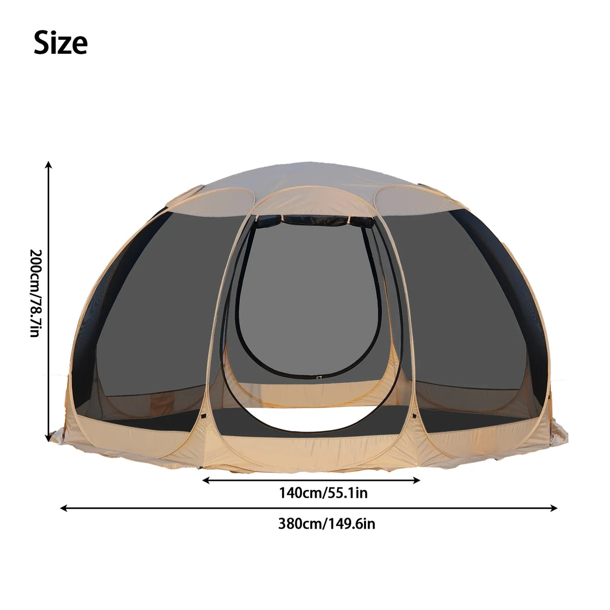 Dome screen house tent size chart with overall dimensions and side height