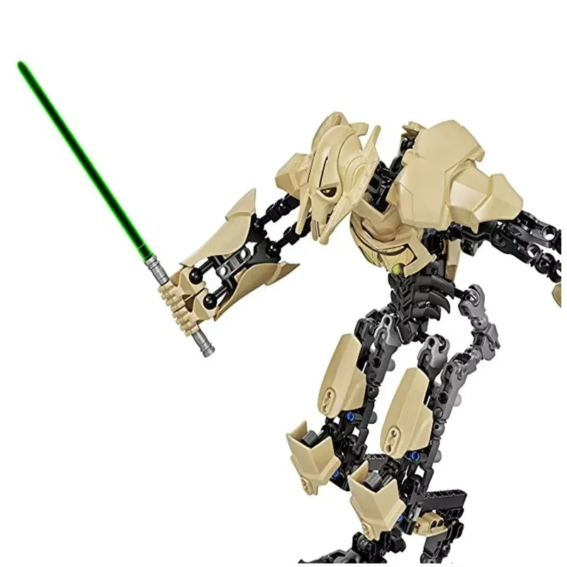 Buildable robot action figure in tan armor with black joints, holding a glowing green saber