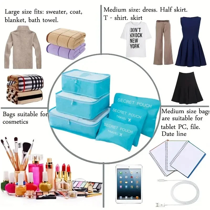 Blue waterproof packing cube set with 6 pouches shown in size infographic view
