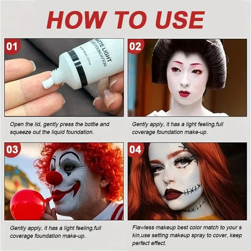Liquid foundation usage guide tiles showing application steps and makeup looks