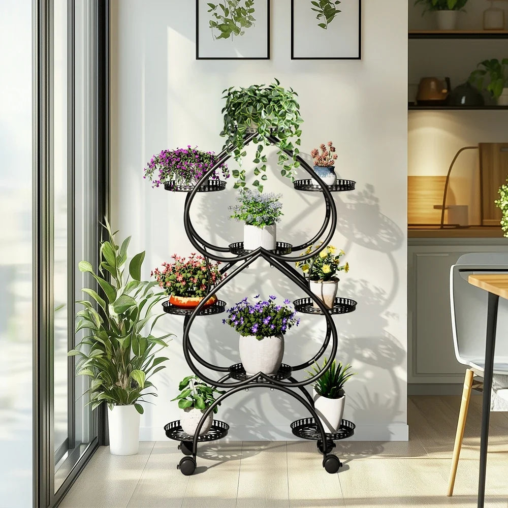 Black iron 9-pot rolling plant stand with curved tiers, circular trays, and 4 wheels
