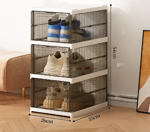 Clear 3-tier shoe storage cabinet with wire mesh shelves and transparent compartments
