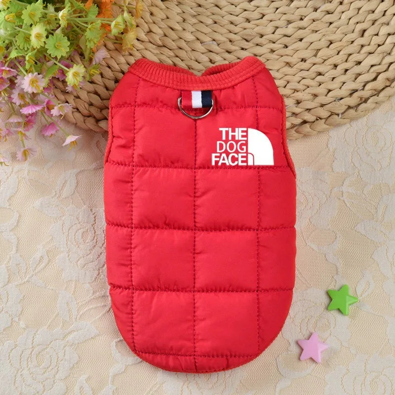 Pet dog puffer jacket, red with front loop clasp and "THE DOG FACE" logo