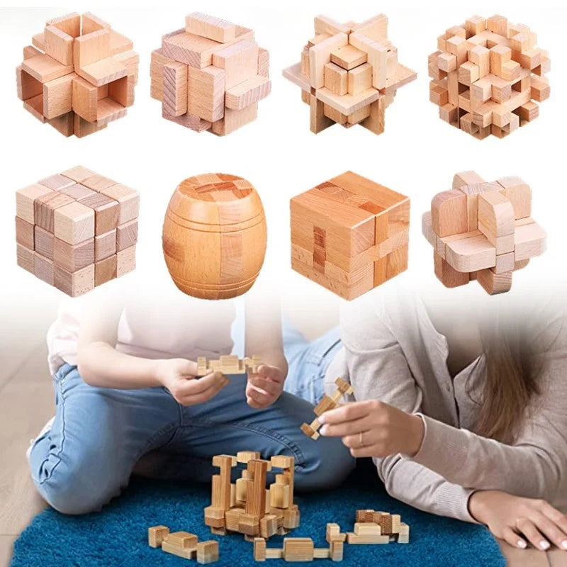 Wooden interlocking puzzle with cube, sphere, and star-like configurations
