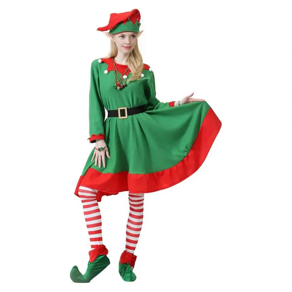 Green elf costume with wide skirt hem, striped leggings, hat and green-red shoes