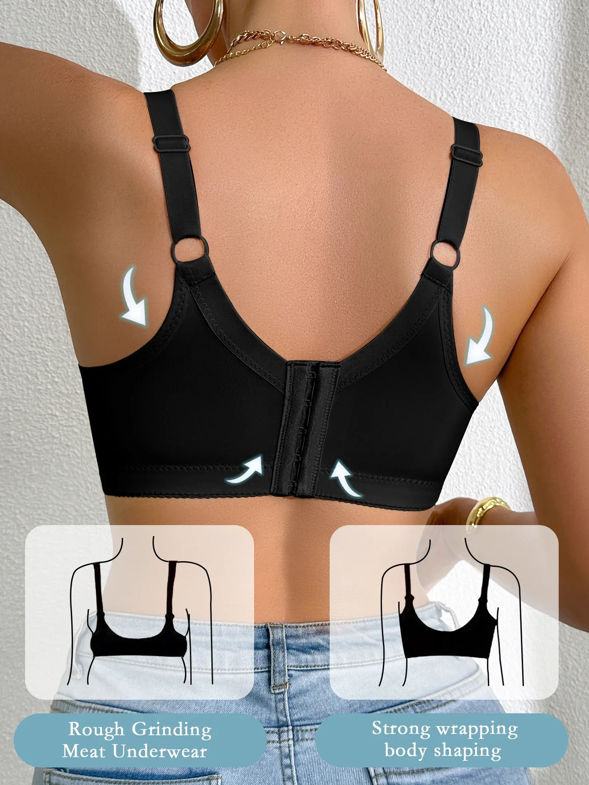 Black plus-size push-up bra showing back straps, underwire, and adjustable closure