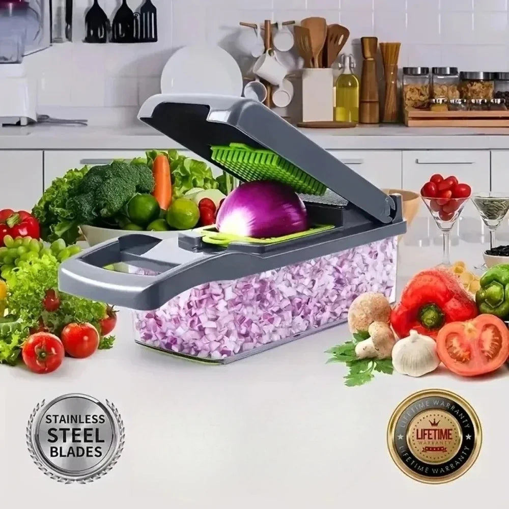 Vegetable chopper slicer with gray body and green blade plate, cutting purple onion
