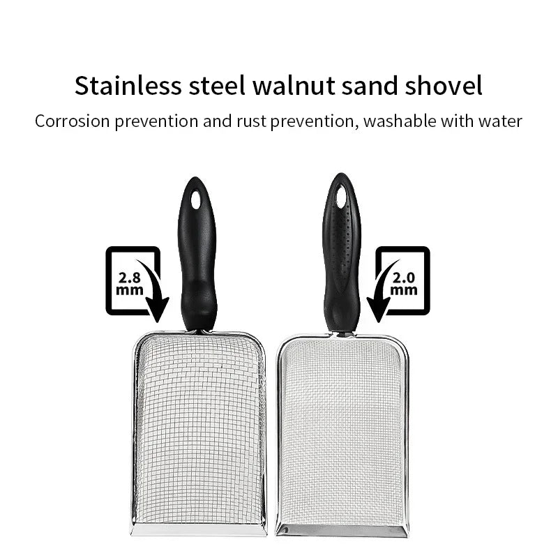 Two stainless steel sifting scoops with 2.8mm and 2.0mm mesh, black handles