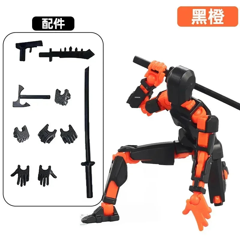 Orange and black multi-jointed action figure robot with accessory parts and stand