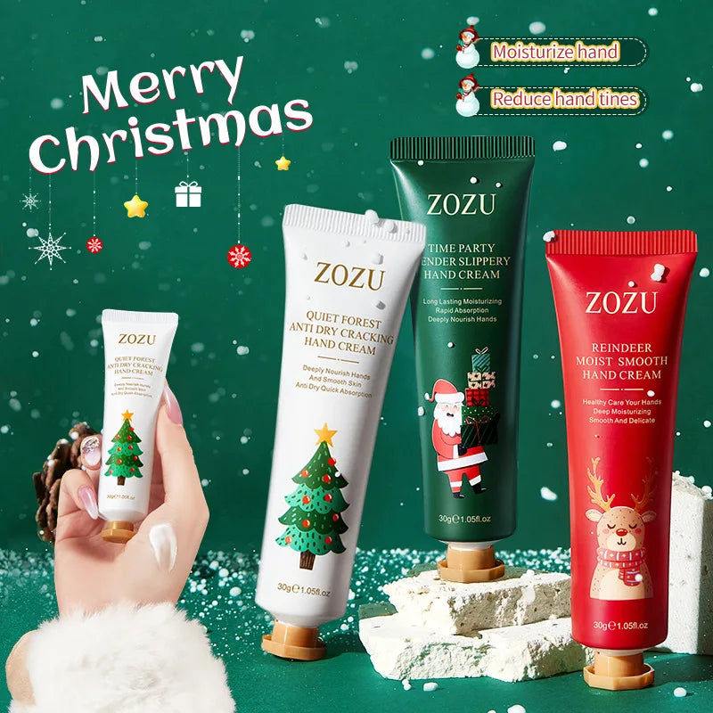 Hand holding cream beside Christmas hand cream tubes in green and red
