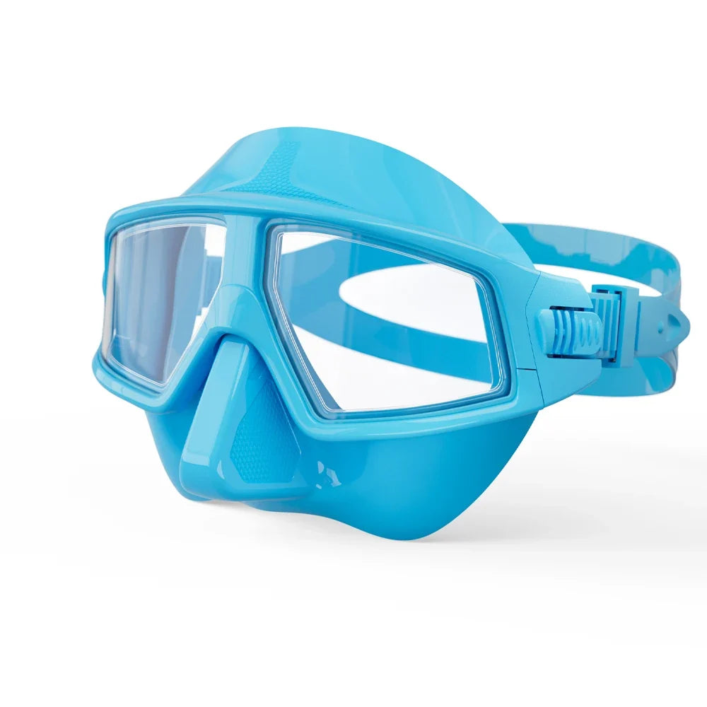 Blue scuba diving mask goggles with clear tempered lens and silicone skirt, adjustable strap.