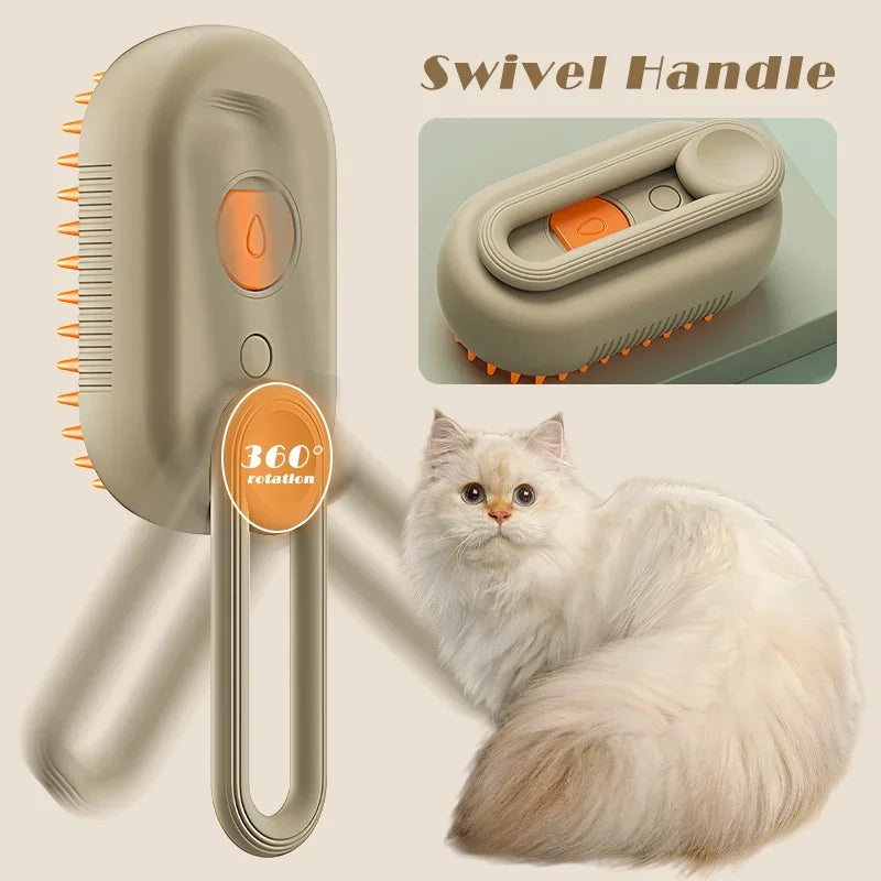 Electric pet steam brush with orange bristle head, swivel handle, cream body