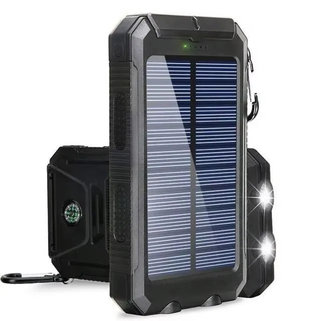 Solar power bank with flashlight beam, dark body and integrated rugged fold-out design