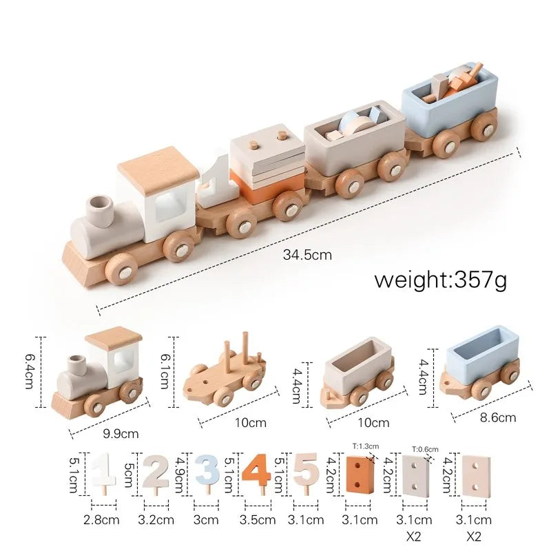 Wooden train stacking toy on track with block numbers and size diagram