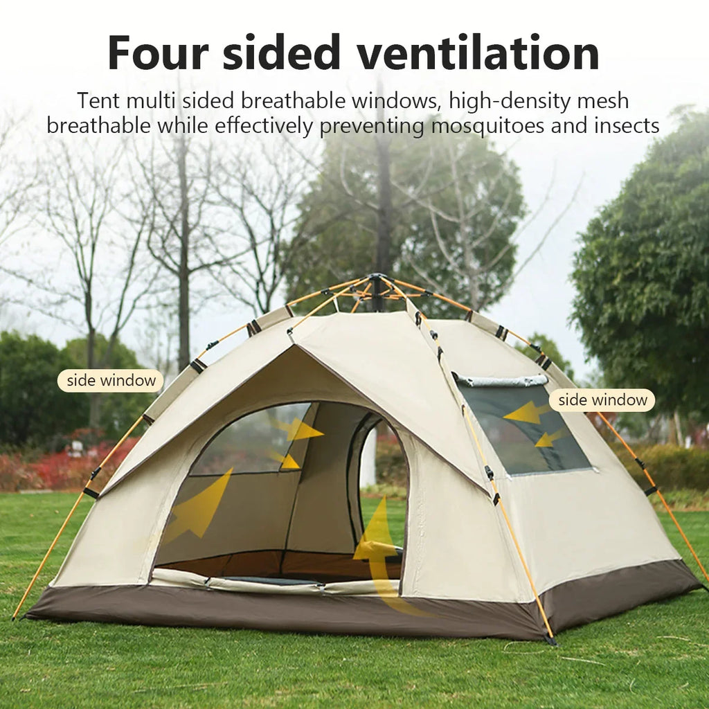 Ventilated camping tent with beige canopy and side mesh windows