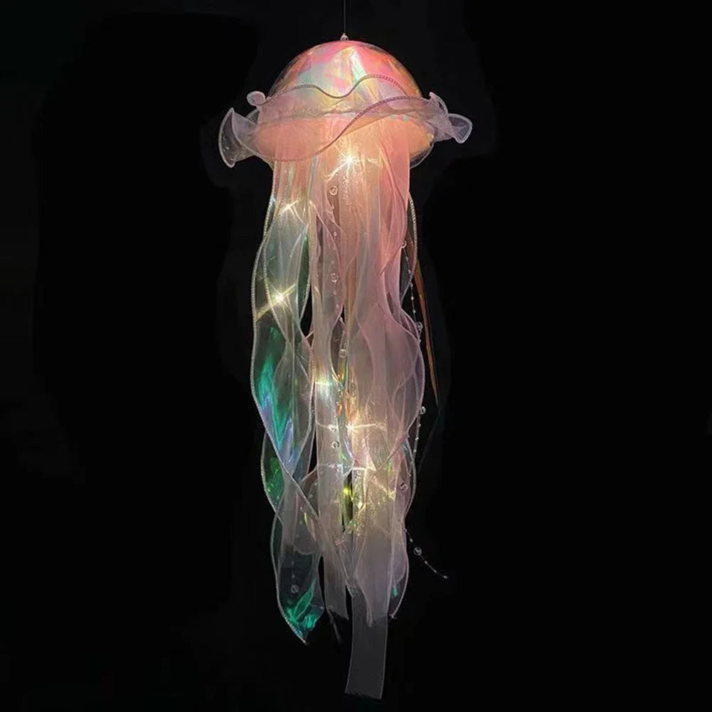 Pink and green glowing jellyfish lantern hanging lamp with translucent tentacles