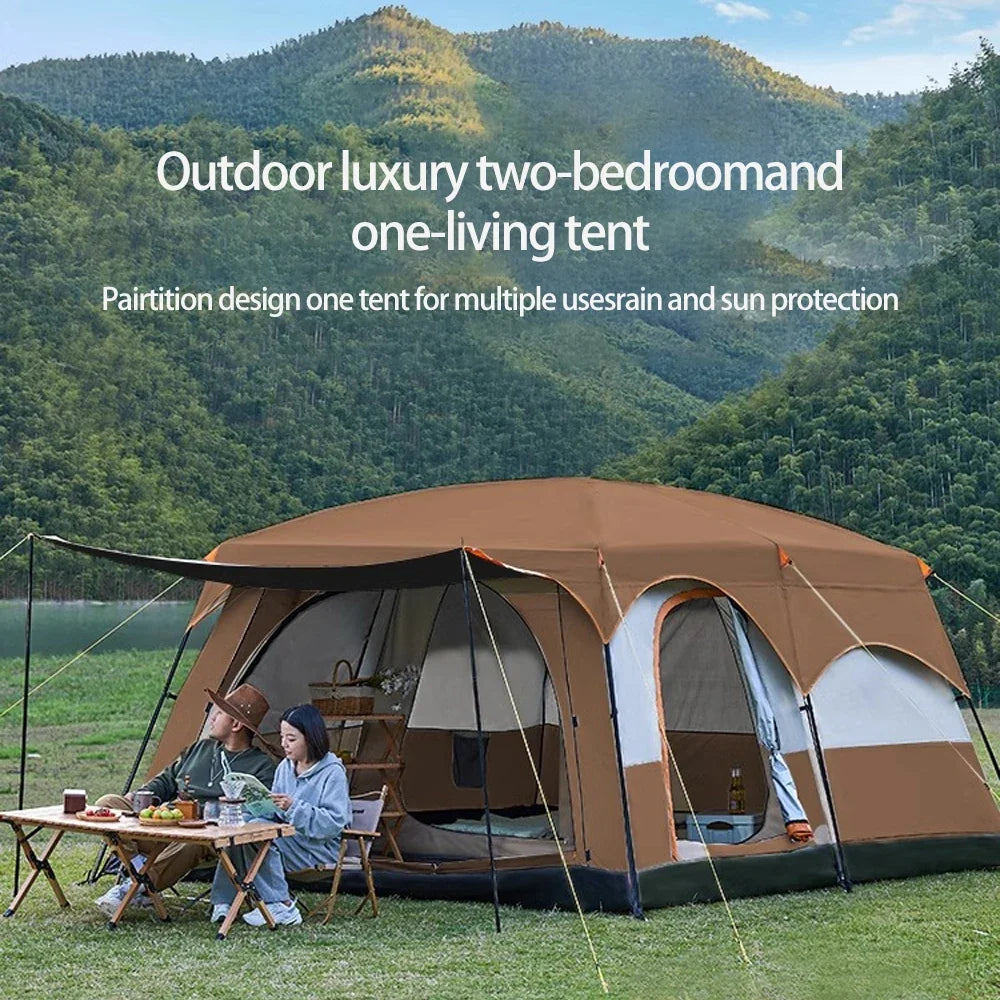 Two-bedroom family camping tent with living area, brown-and-beige fabric, large entrance