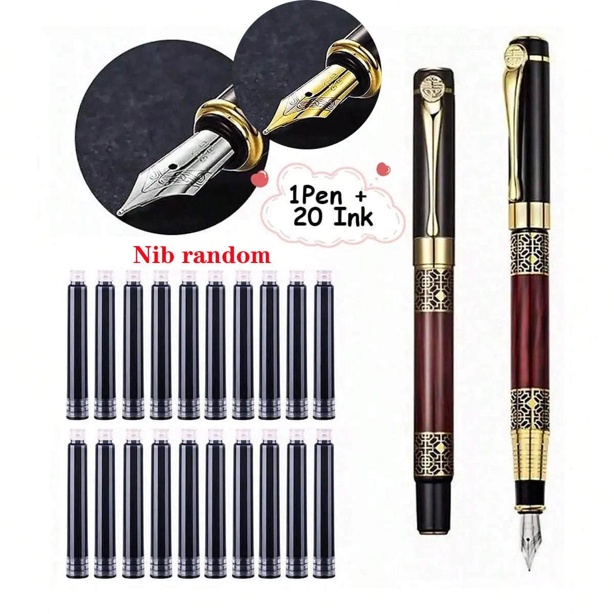 Two retro fountain pens with gold tips plus blue ink refill tubes set
