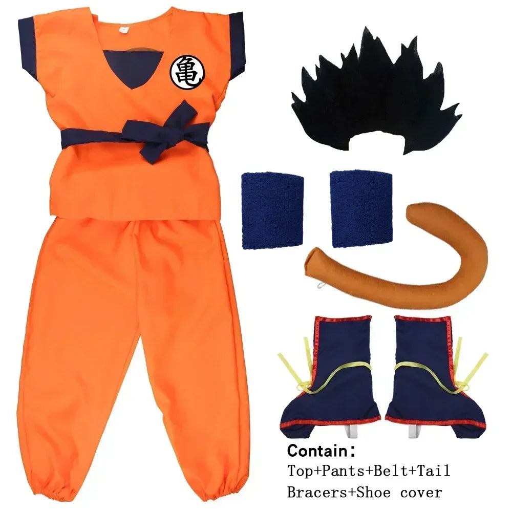 Orange costume outfit with navy bracers and shoe covers, plus belt and tail