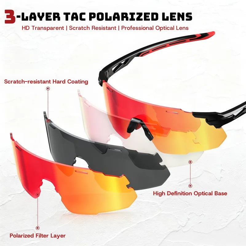 Polarized cycling goggles with black frame and orange-red mirrored lens