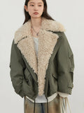 Women’s thick cotton jacket in dark green with cream sherpa-style collar