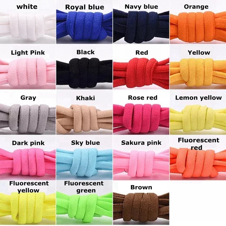 Color swatches of no-tie elastic shoe laces, showing multiple lace shades