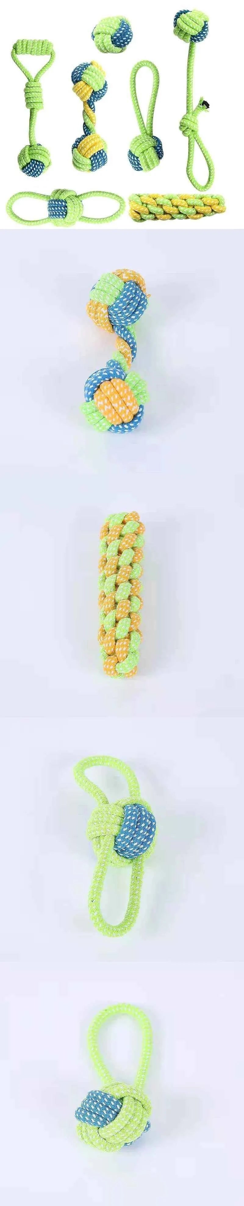 Assorted cotton rope dog toys set with green rope balls and braided tug pieces