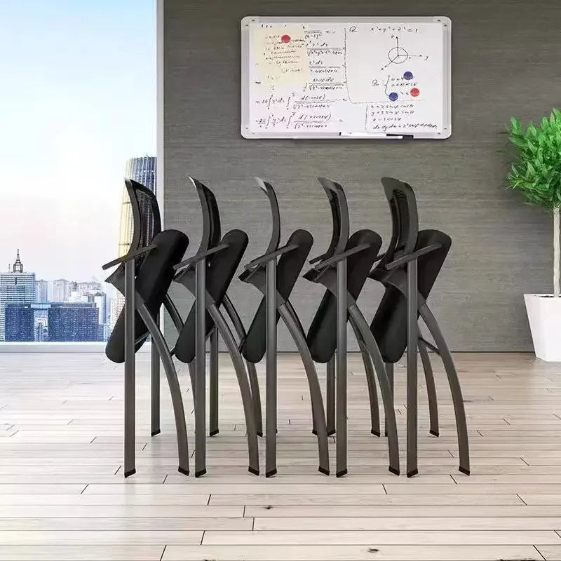 Folding training chairs with desk board, black frames and mesh backs, multiple chairs.