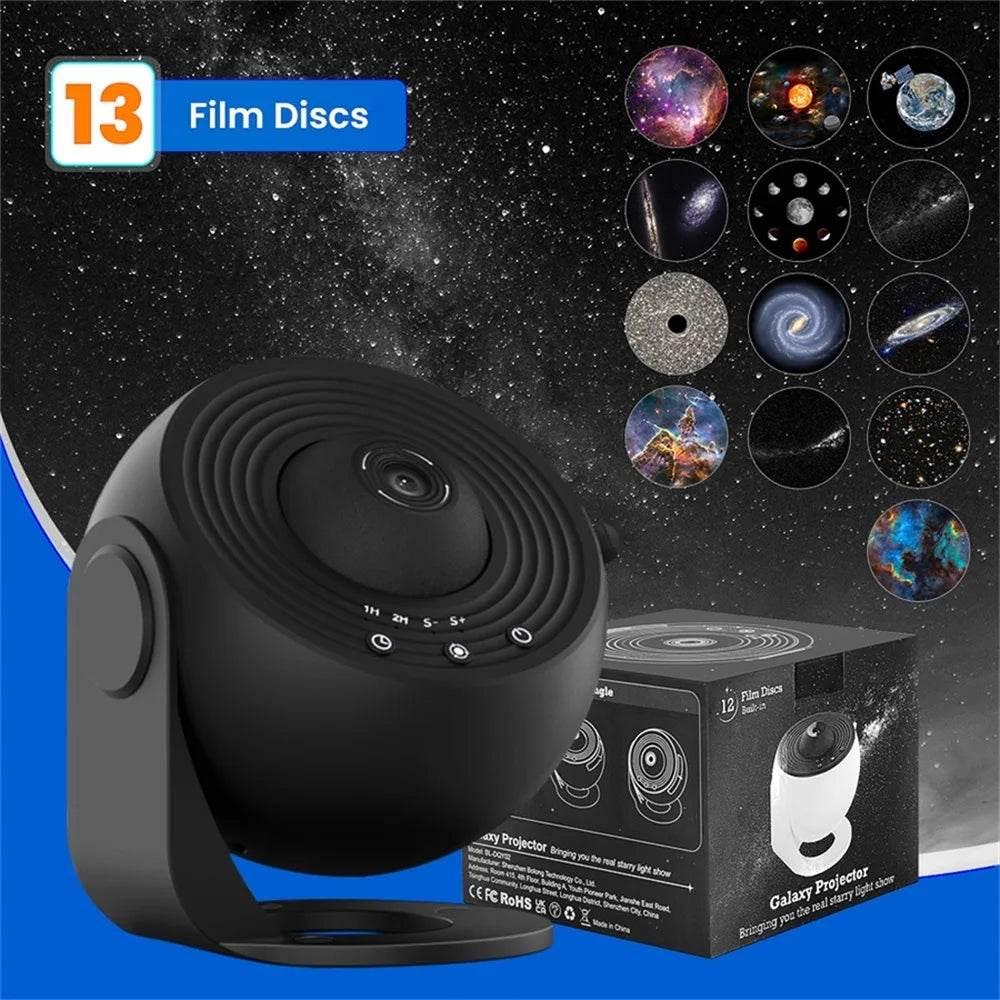 Black star projector with 13 film discs displayed and front control panel visible