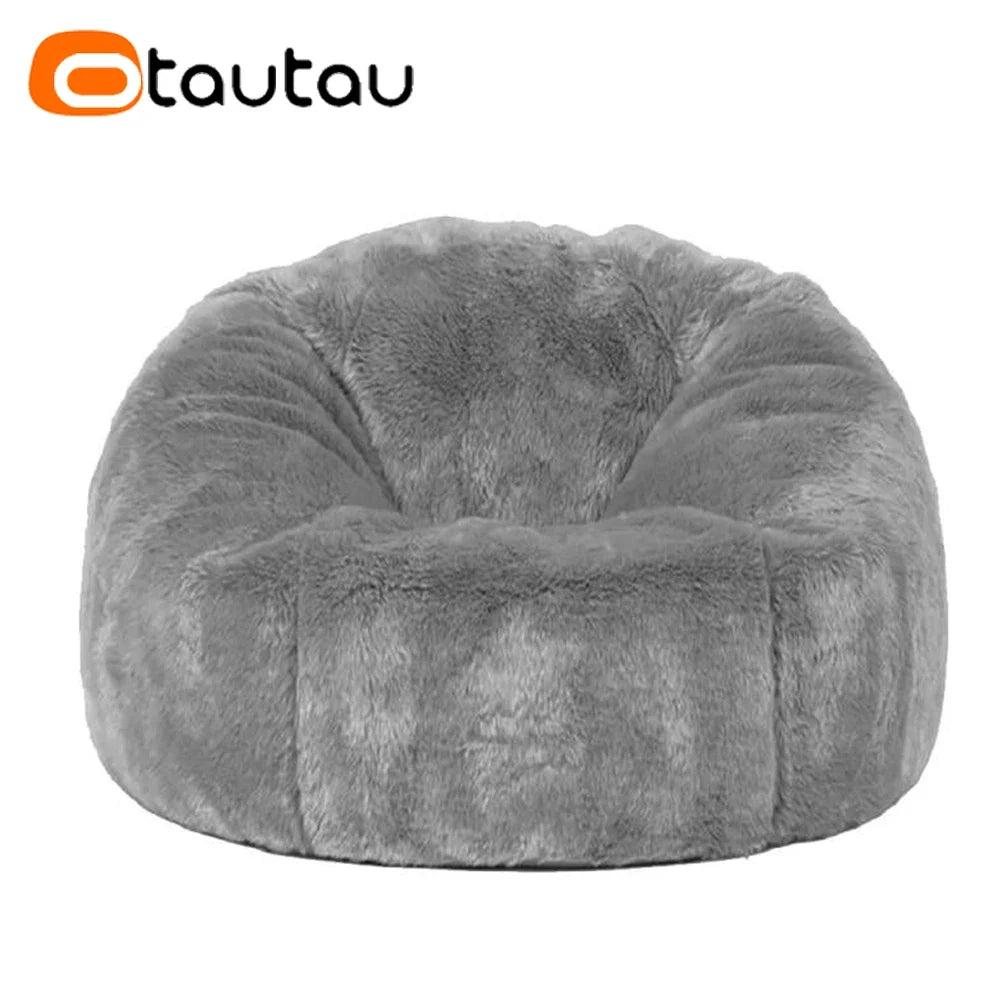 Light gray faux fur bean bag pouf cover with plush texture and front panel seams