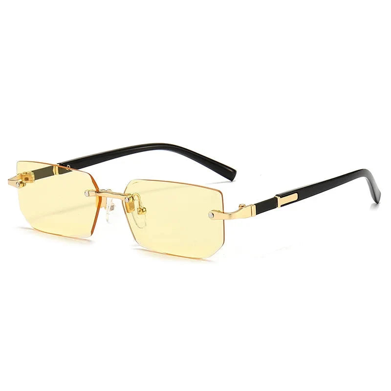 Rimless rectangle sunglasses with yellow lenses, black arms, gold hardware