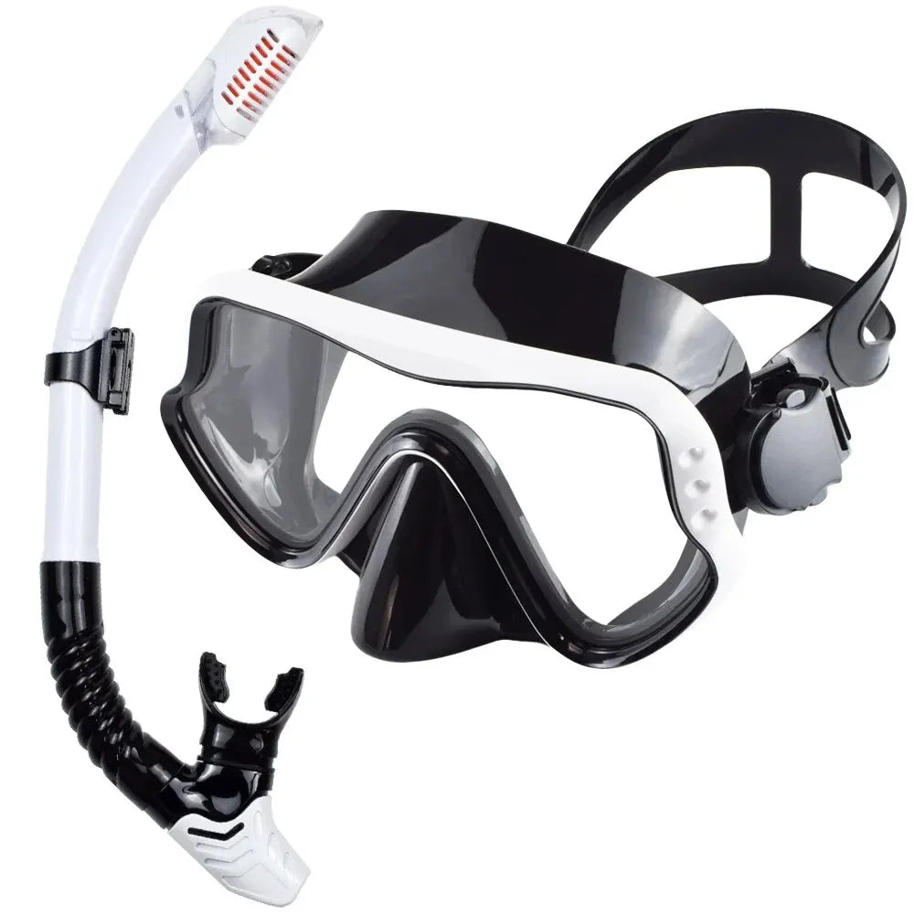 Adults dry snorkeling mask and snorkel set with white frame, black skirt, and clear lens.