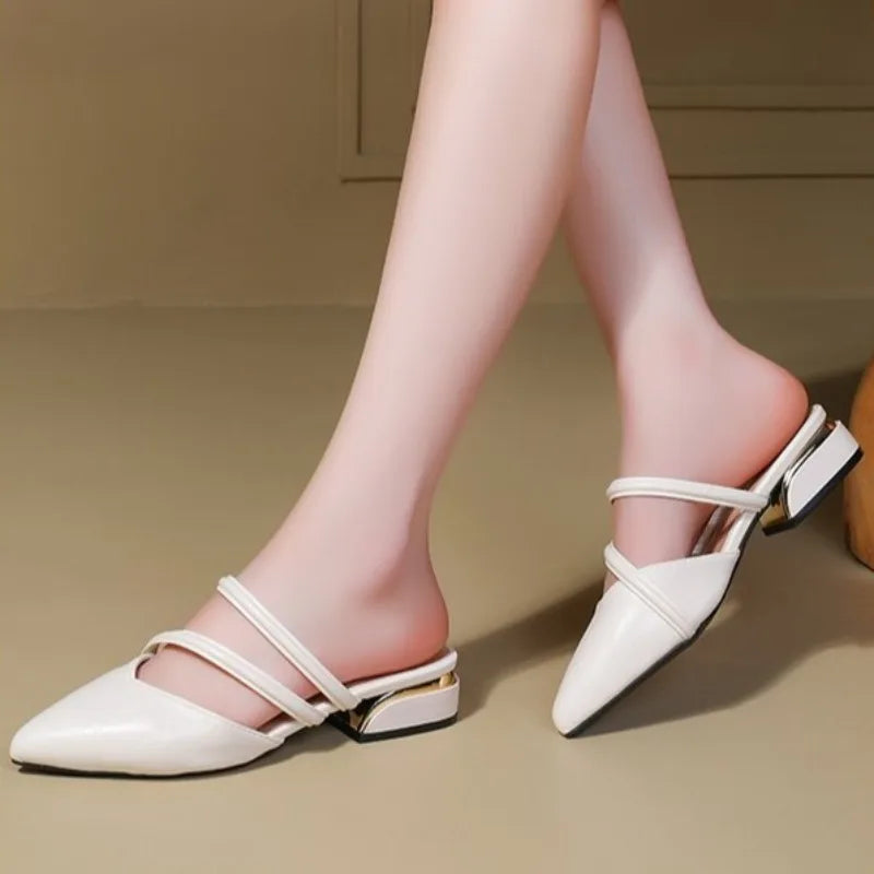 Women’s white pointed-toe low-heel sandals with two overfoot straps and ankle sling