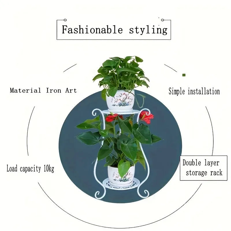 White two-tier metal plant stand with ornate base curls and stacked flower pots