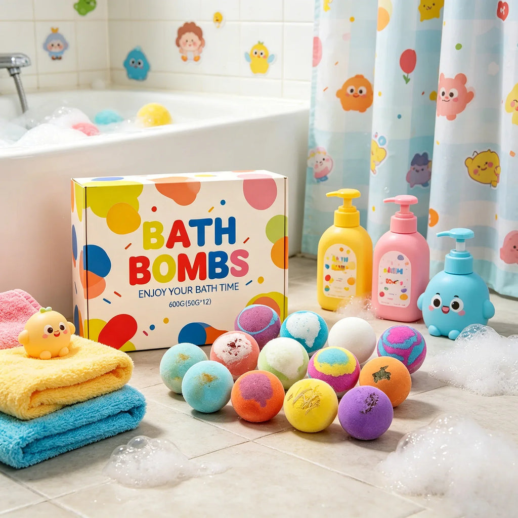 Bath bomb gift set with assorted colorful bath balls and surprise animal toys
