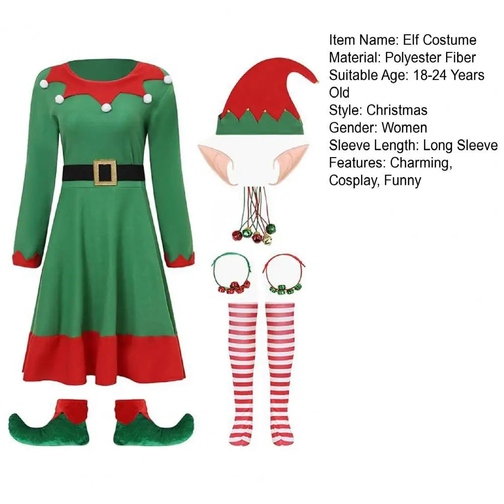 Elf costume set flat lay: green dress, red elf hat, striped leg warmers, elf shoes