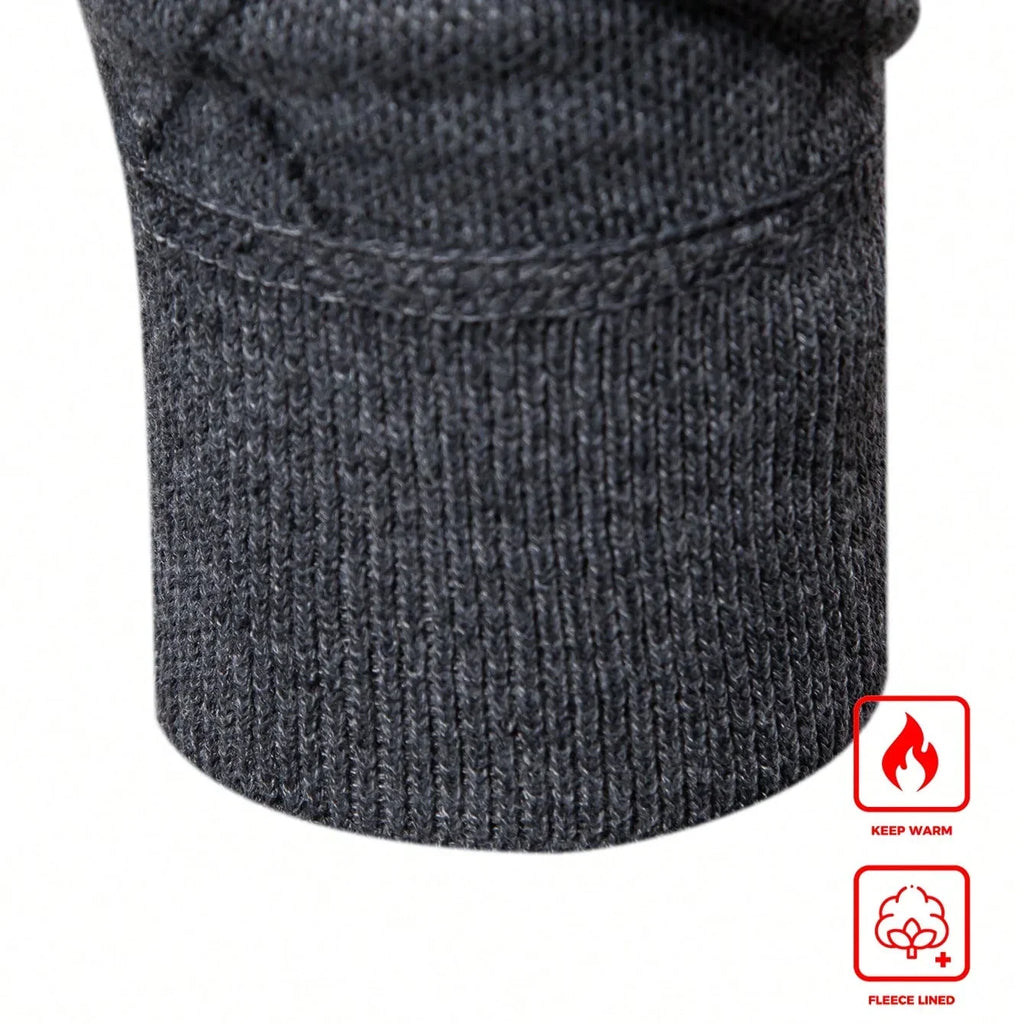 Dark gray knit sweater cuff and hem with ribbed knit and keep-warm fleece-lining icons