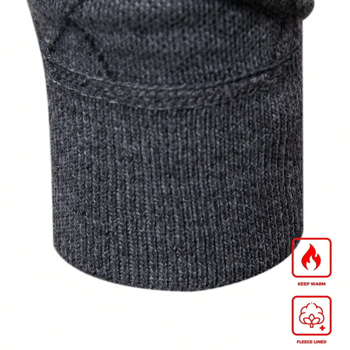 Dark gray knit sweater cuff and hem with ribbed knit and keep-warm fleece-lining icons