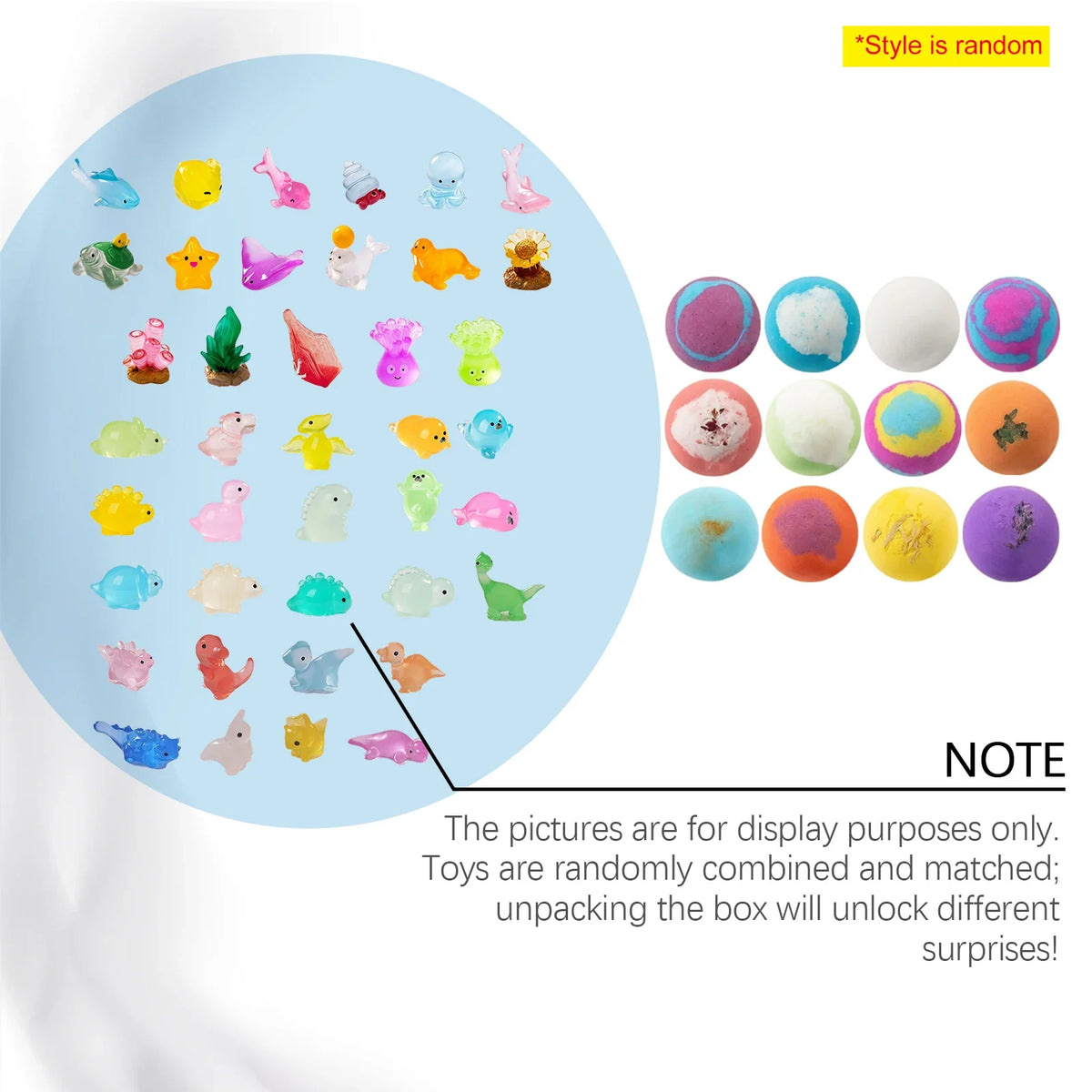 Colorful bath bomb balls with small surprise toy figurines included