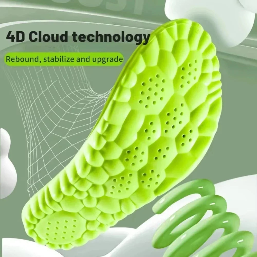 Green sport insole with bubble-like cushioning and rows of ventilation holes