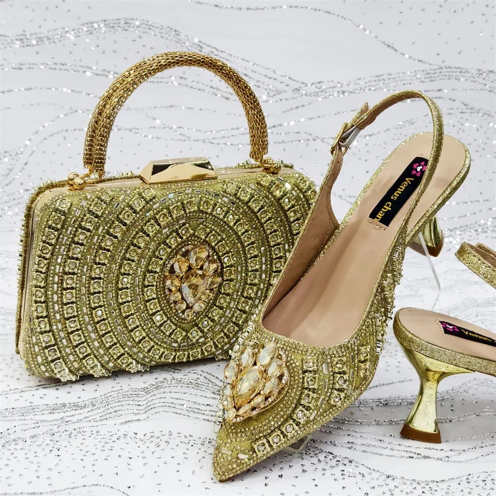 Gold rhinestone pointed-toe wedding heels with jeweled bow, matching beaded handbag set
