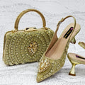 Gold rhinestone pointed-toe wedding heels with jeweled bow, matching beaded handbag set