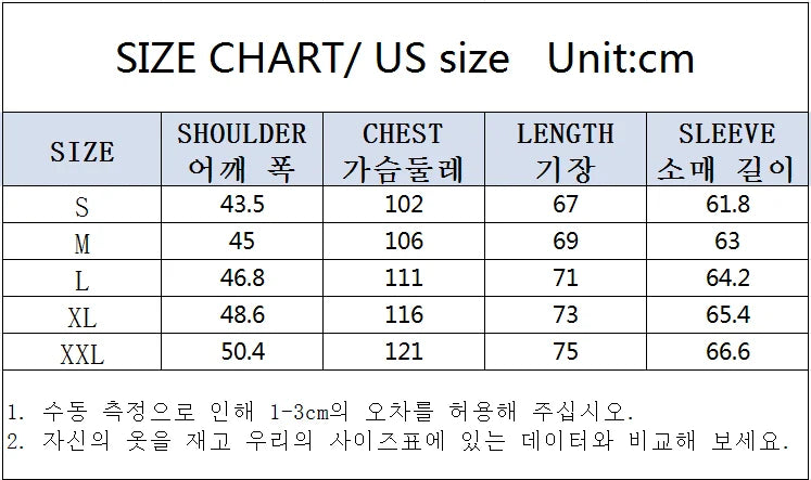 Knit sweater size chart listing shoulder, chest, length, and sleeve measurements in cm